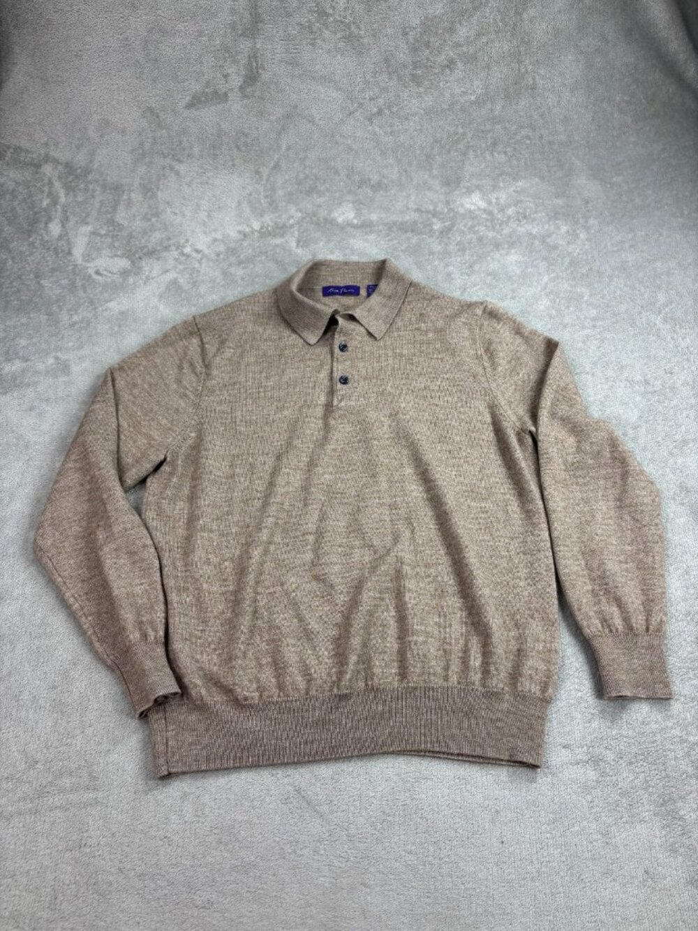 Alan Flusser Classic Polo Sweater Mens Medium Tan Merino Wool Ribbed Hem Golf